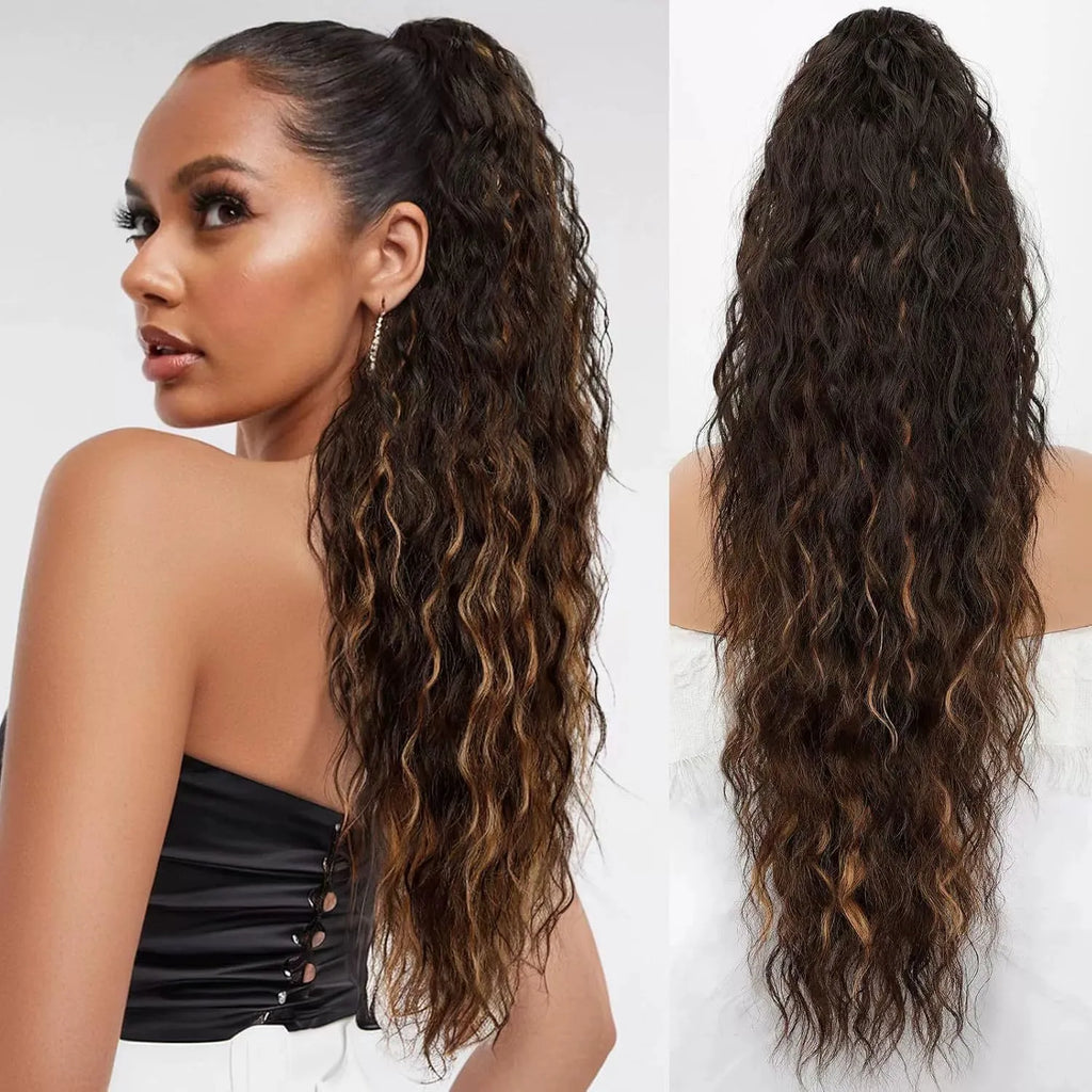 Long, fluffy curly synthetic ponytail wig in a high temperature fibre, shown in a 30-inch length.