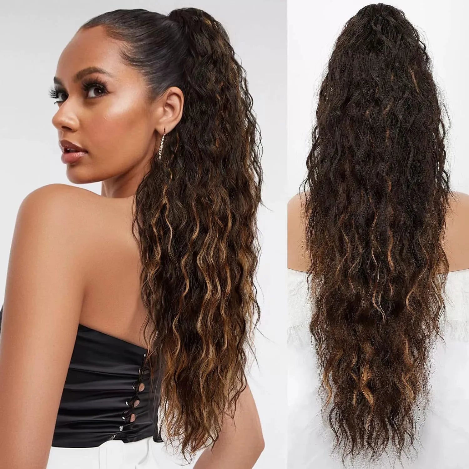 Long, fluffy curly synthetic ponytail wig in a high temperature fibre, shown in a 30-inch length.
