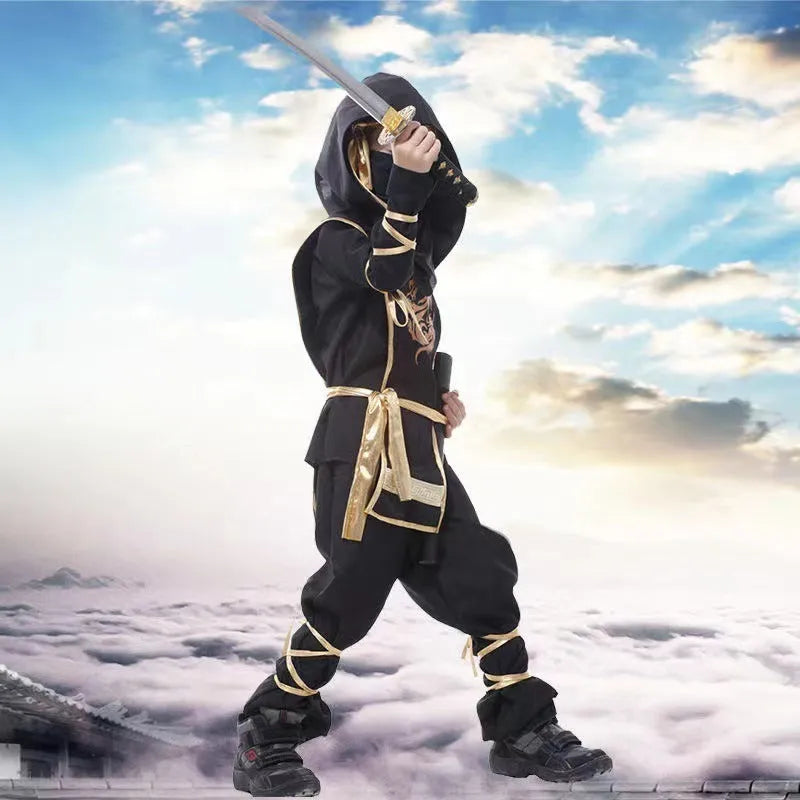 Children's Halloween cosplay costume set in black and gold with mask, armour, and accessories