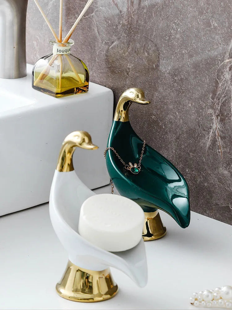 Ceramic swan soap dish rack with cover in white or green, single soap holder for bathroom or kitchen