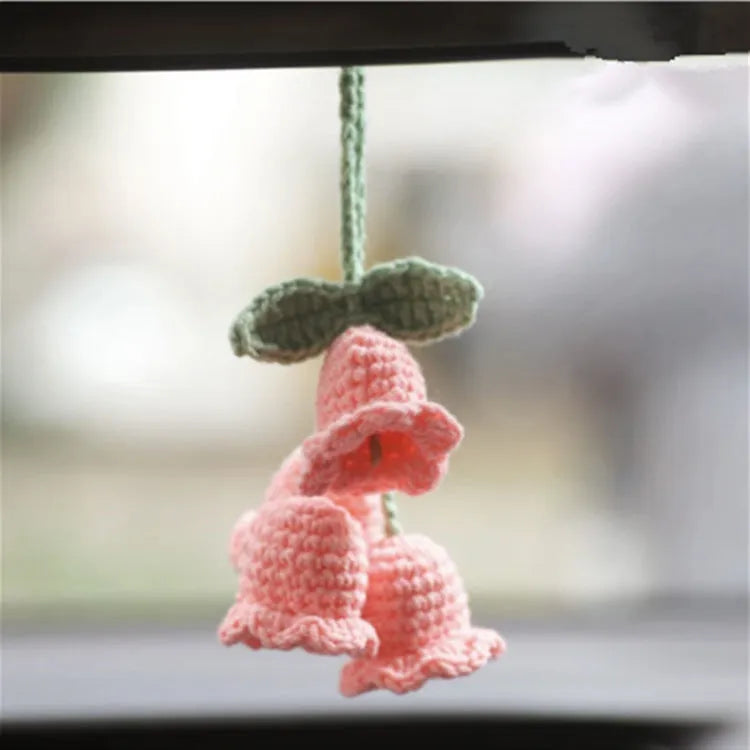 Green and white knitted car plant ornament with 8cm basin base and hanging rope for vehicle interiors