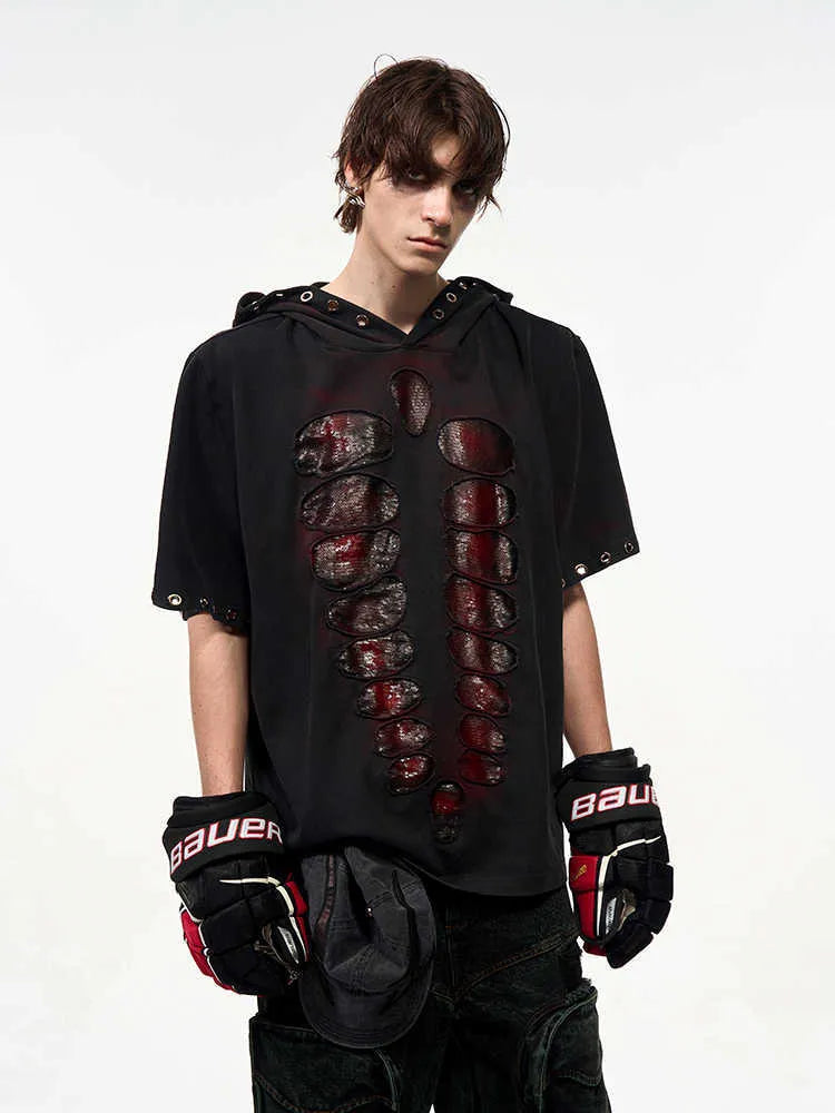 Black men's loose-fit hooded short-sleeve T-shirt with sequin detailing.