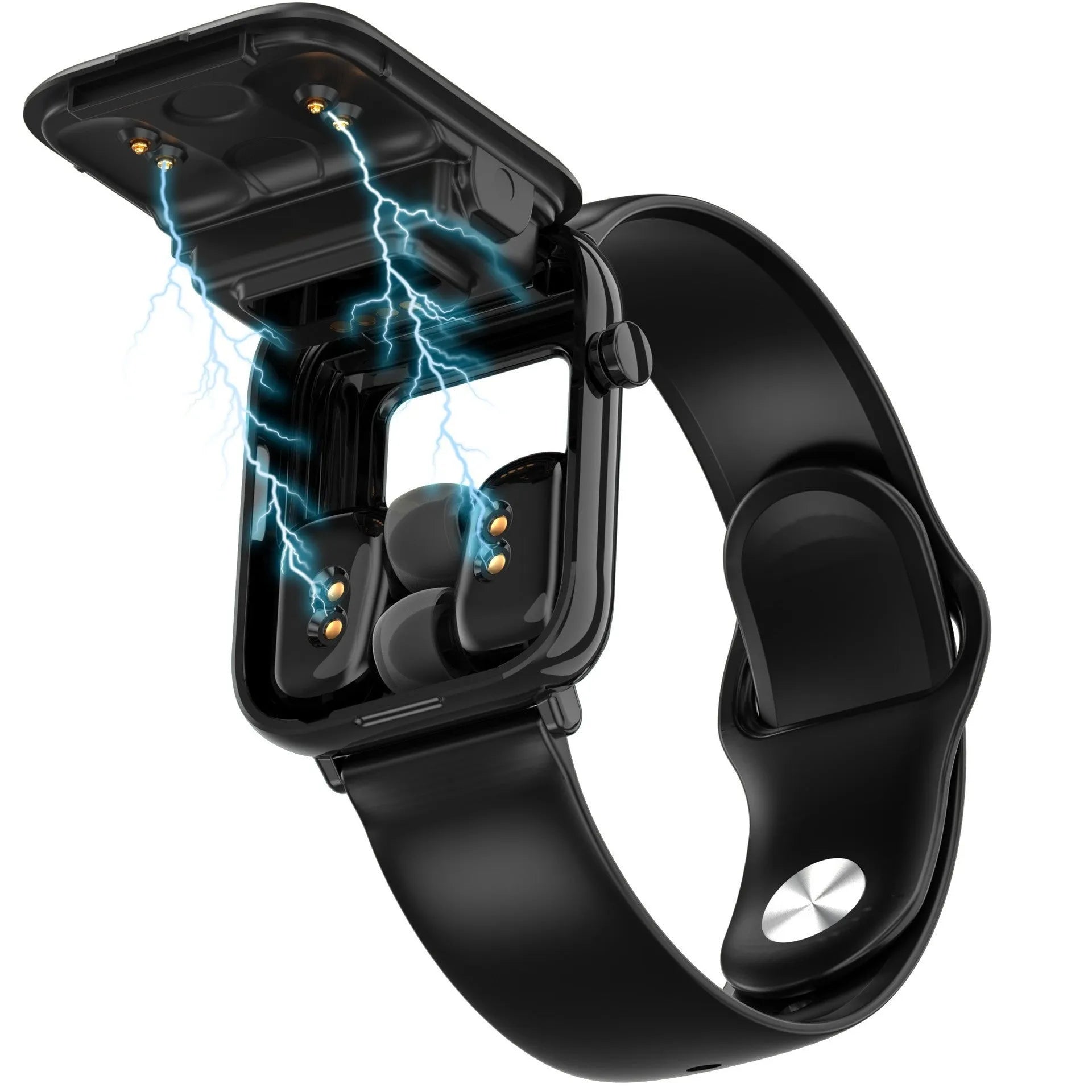 Black all-touch smart Bluetooth headset watch with 1.69-inch screen on wrist, showing charging case with earpieces.