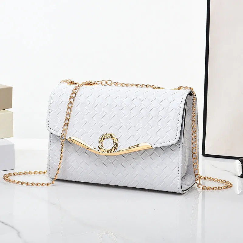 Chain shoulder messenger women's bag in solid colour PU leather with weave detail, small black variant