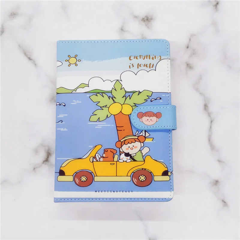 A5 paperbound notebook with thread binding, open to show flat lay, with choice of Eating Ice Cream, Reading, Traveling, or Outing cover designs.