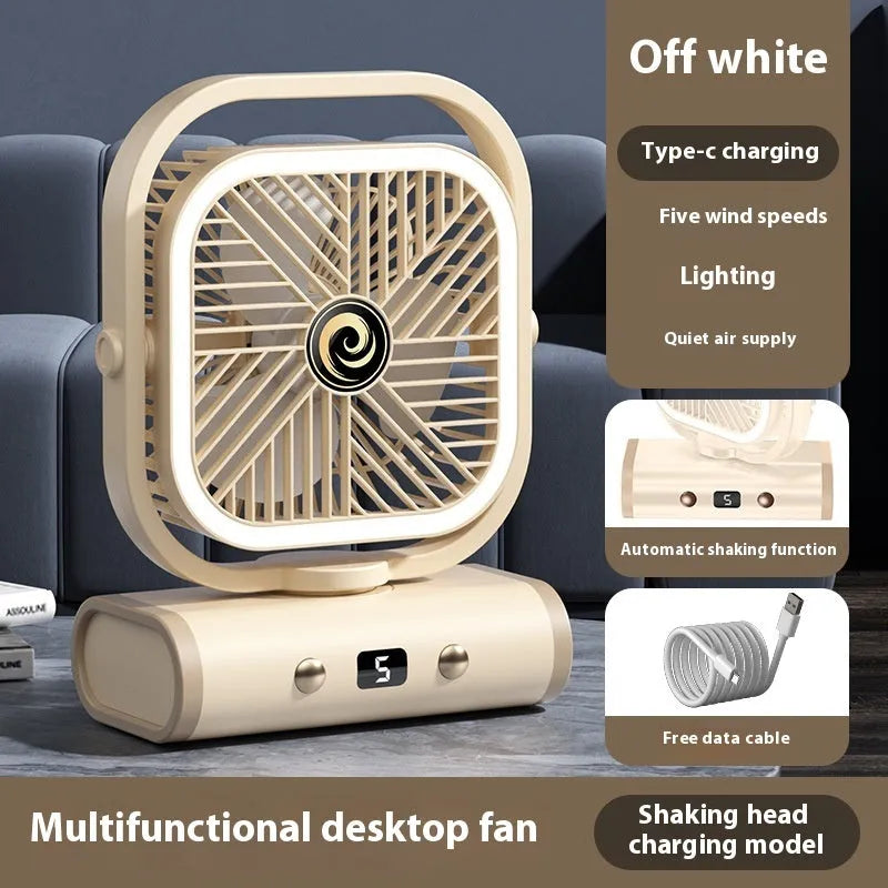 Rechargeable shaking head desktop fan in greyish purple with USB cable, 240x180x96 mm size
