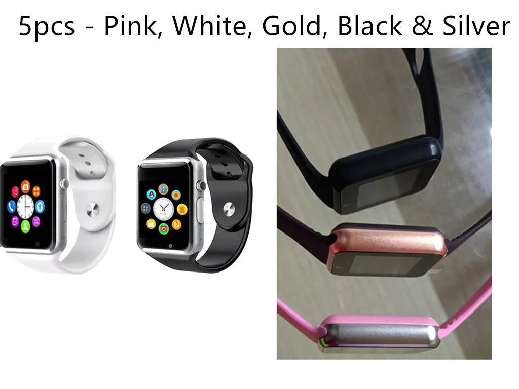 A1 Smart Watch in various colours featuring a 1.54-inch screen, GSM SIM slot, and camera.