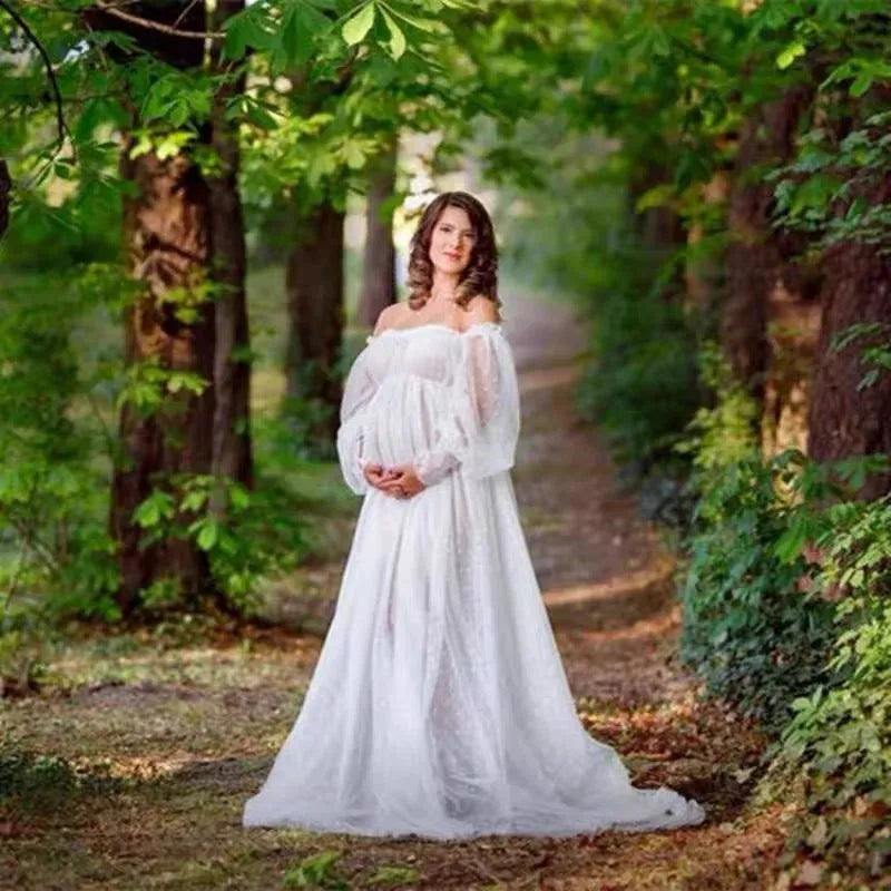White dot mesh off-shoulder puff sleeve maternity dress with long skirt
