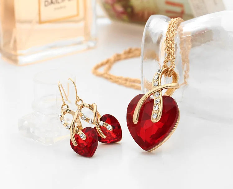 Heart shaped faux Austrian crystal zircon earrings with water wave chain, alloy pendant, available in red, green, blue, white