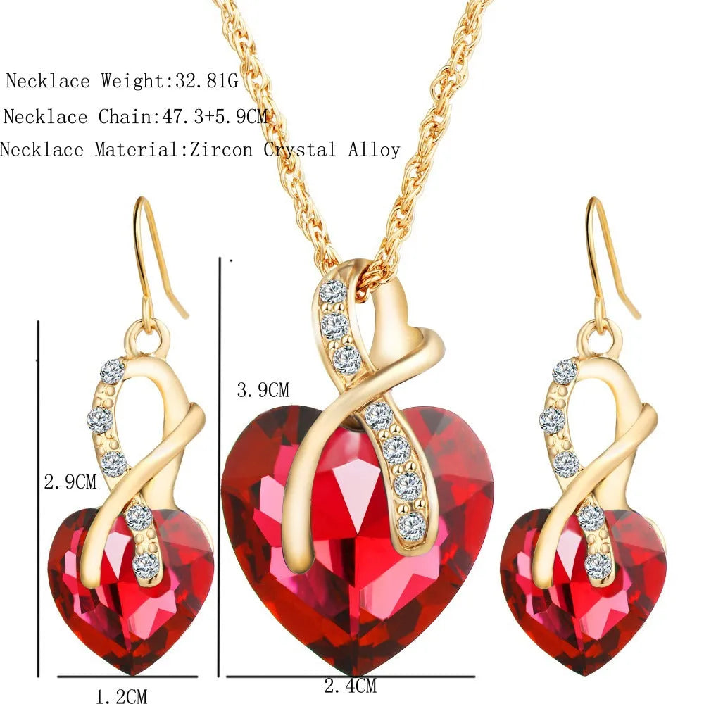 Heart shaped faux Austrian crystal zircon earrings with water wave chain, alloy pendant, available in red, green, blue, white