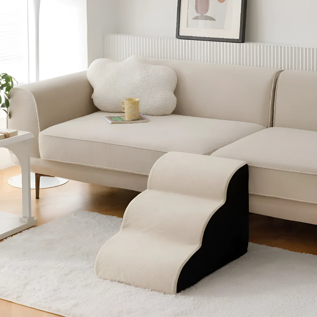 Wooden pet stairs with a removable washable cover for dogs, shown in brown, creamy white, or dark grey.