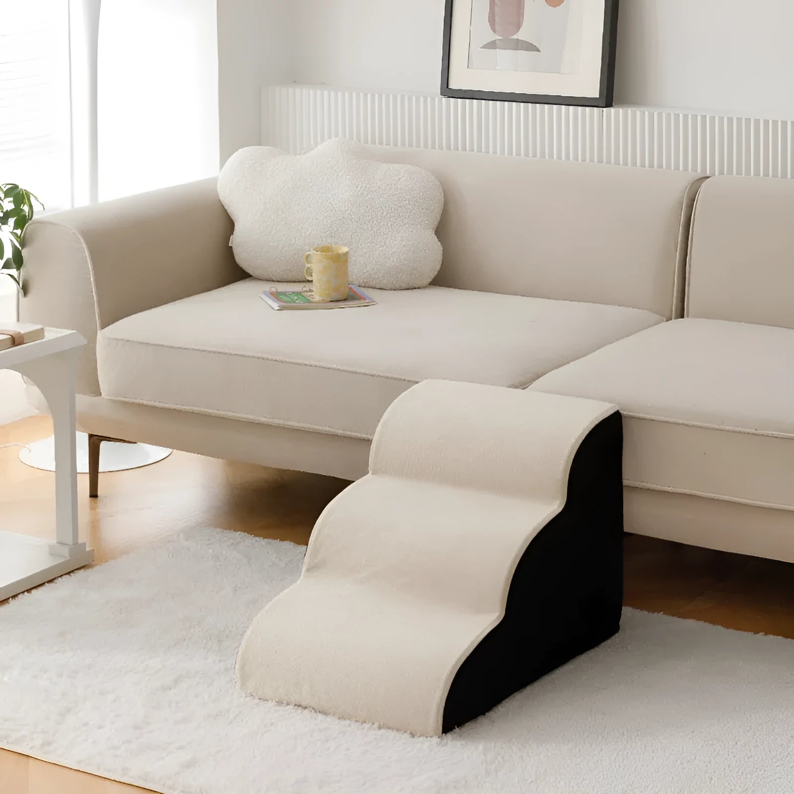 Wooden pet stairs with a removable washable cover for dogs, shown in brown, creamy white, or dark grey.