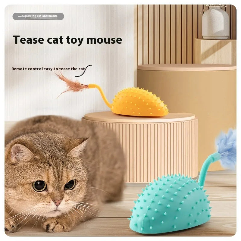 Remote control smart charging silicone mouse cat toy with USB cable and remote, cyan colour