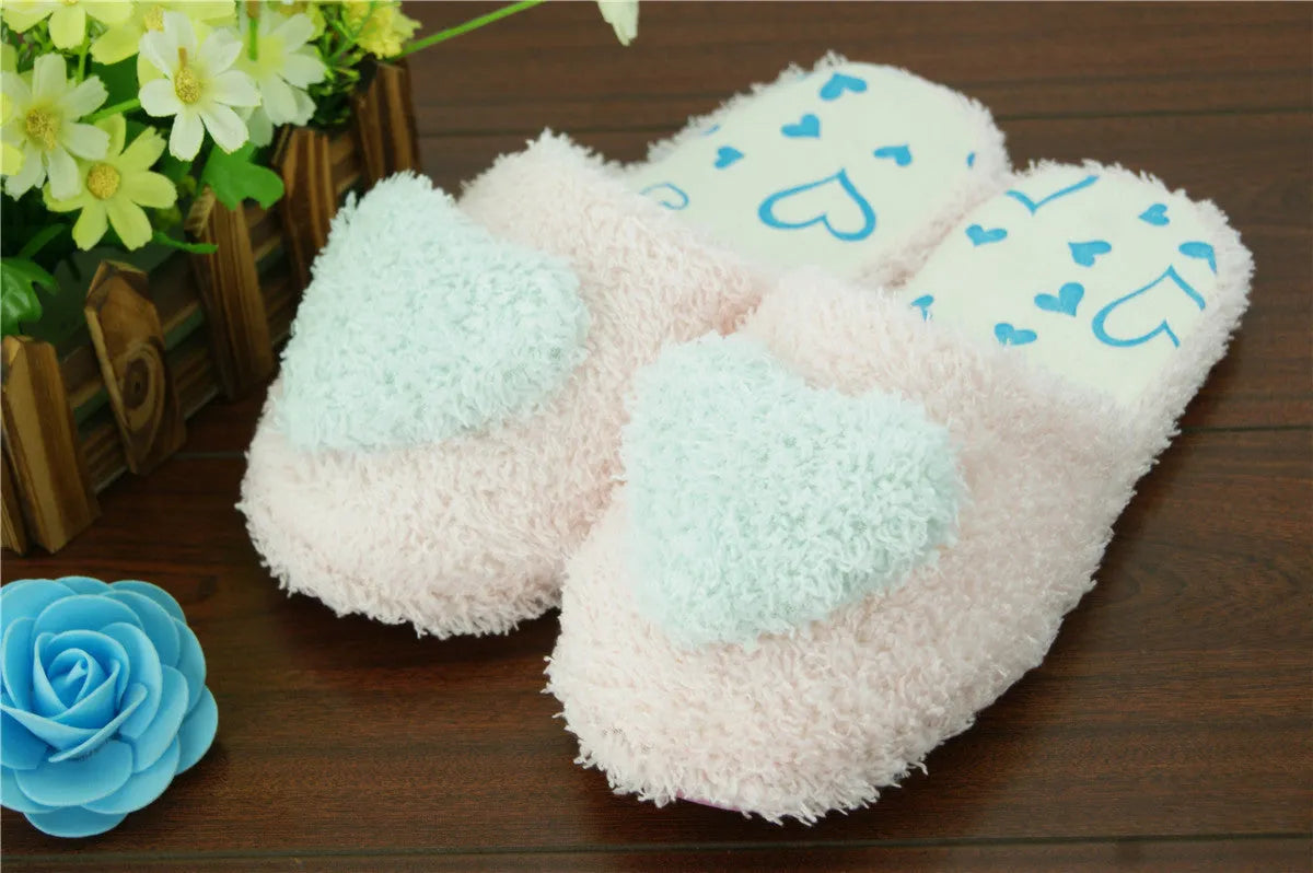 Non-slip plush cotton slippers with suede upper and TPR sole in pink, purple, and white