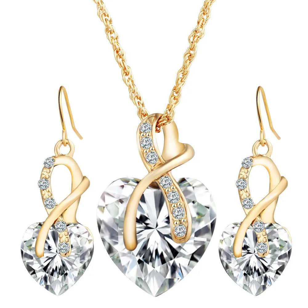 Heart shaped faux Austrian crystal zircon earrings with water wave chain, alloy pendant, available in red, green, blue, white
