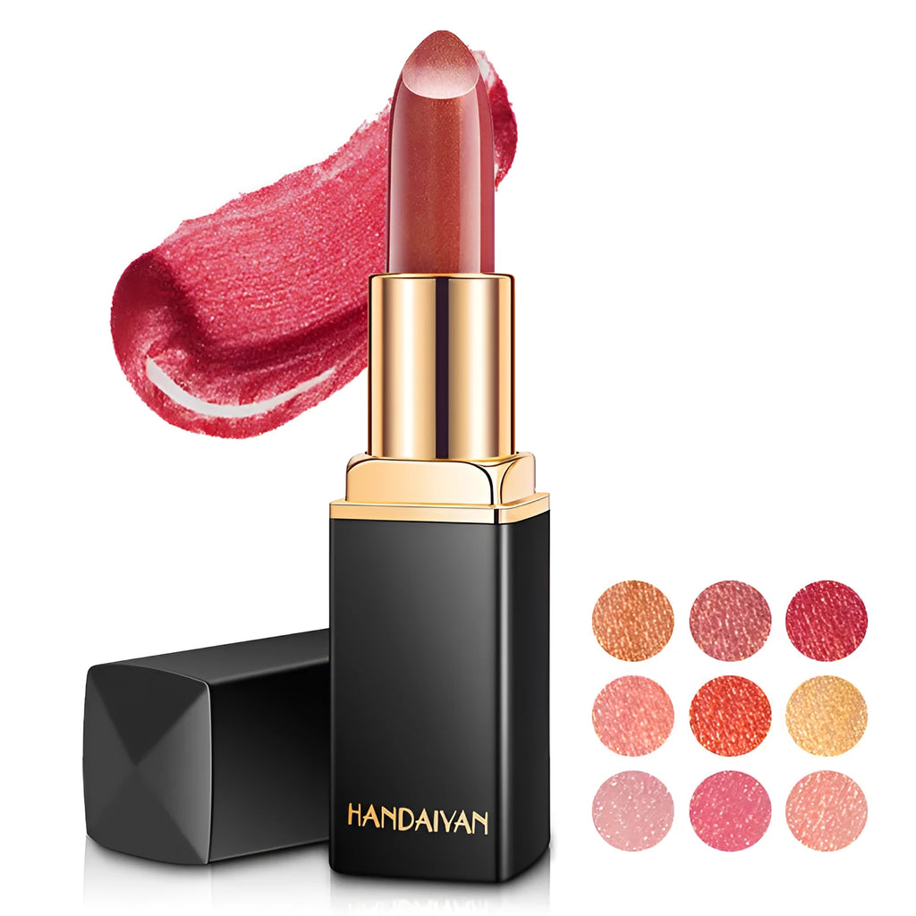 Pearlescent colour change temperature change lipstick in a tube with shimmering finish
