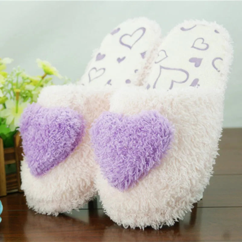 Non-slip plush cotton slippers with suede upper and TPR sole in pink, purple, and white