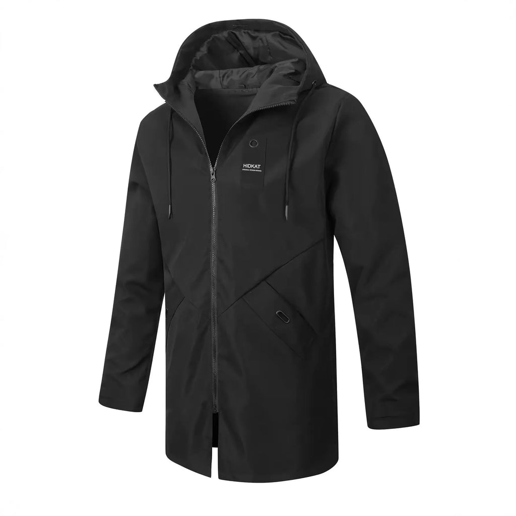 Men's mid-length hooded windproof shell jacket in gray, made from polyester fibre, with long sleeves and front zipper