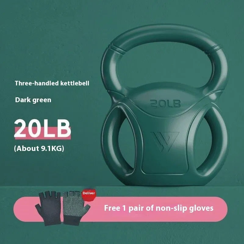 Pink kettlebell 10 lbs with gloves on wooden floor for home exercise