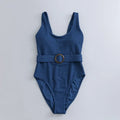 Navy blue women's one-piece slimming swimsuit with triangle neckline and chest pad.