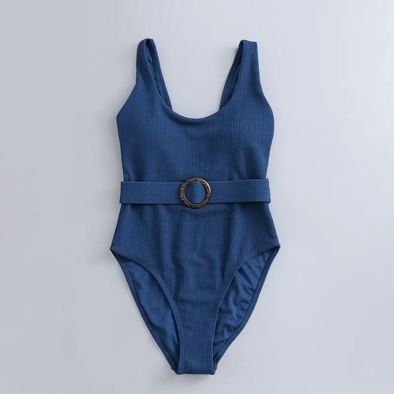 Navy blue women's one-piece slimming swimsuit with triangle neckline and chest pad.