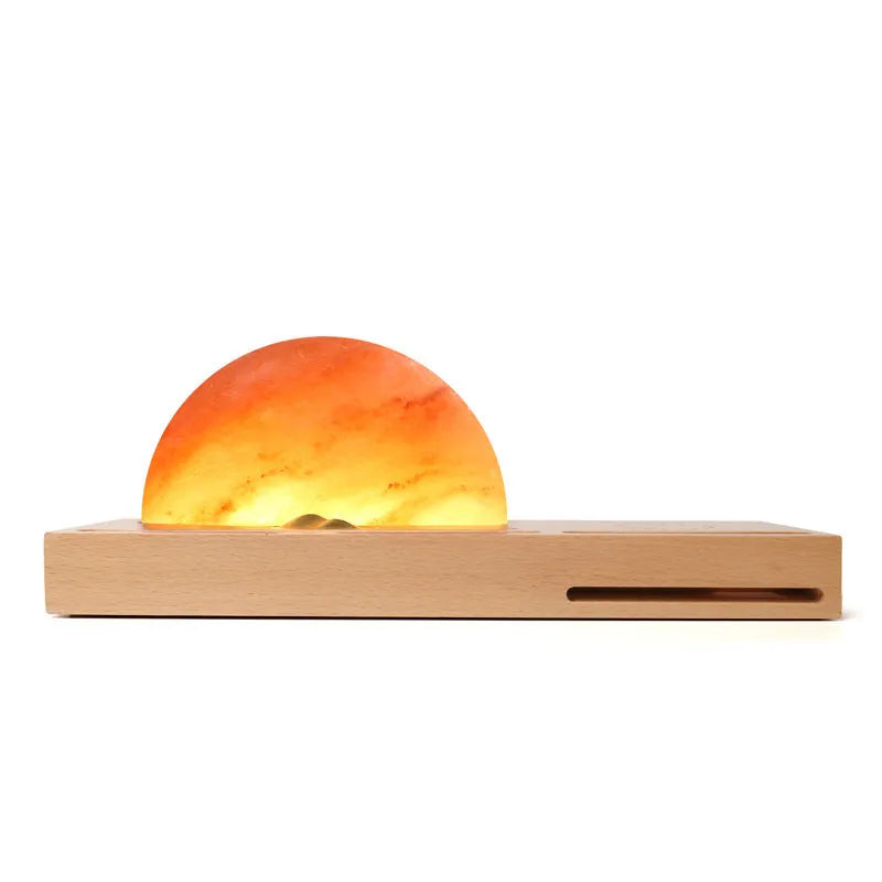 Sunrise Oriental wooden base table lamp with natural salt block shade and wireless phone charging