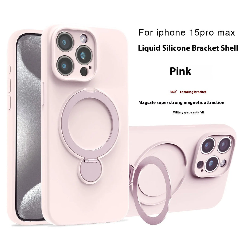 Liquid silicone magnetic bracket phone case for iPhone 14 Pro Max in Graphite Black with bracket extended