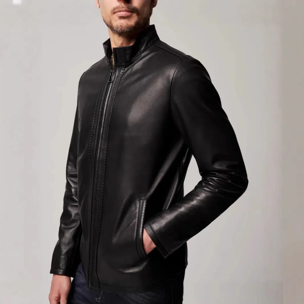 Men's black polyester retro jacket with straight hem and long sleeves