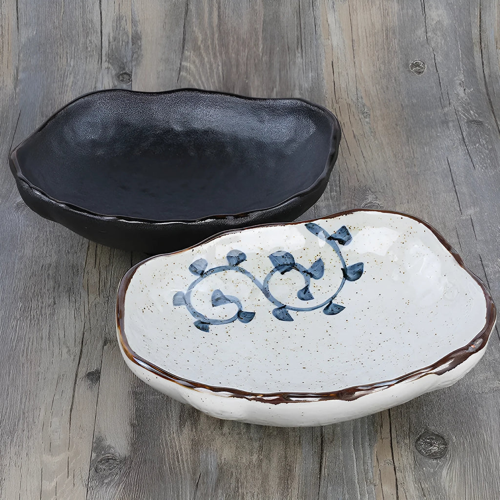 Creative Japanese-style coarse pottery sashimi bowl ceramic tableware set with irregular shape and floral decorations