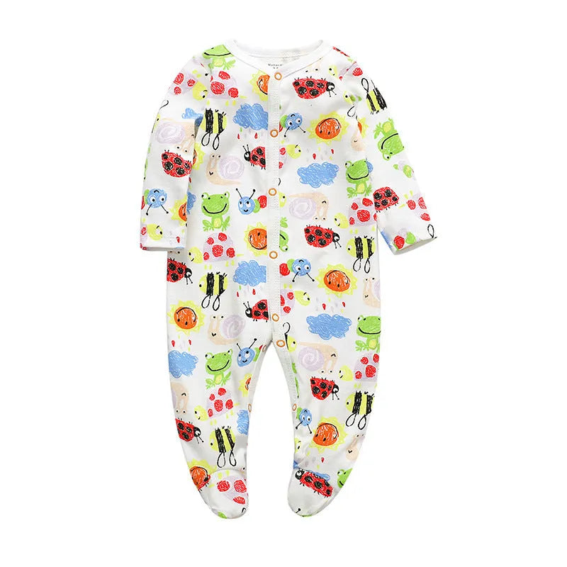 Cotton baby one-piece romper in a dinosaur print style for infants, showing size options from 3 to 12 months.