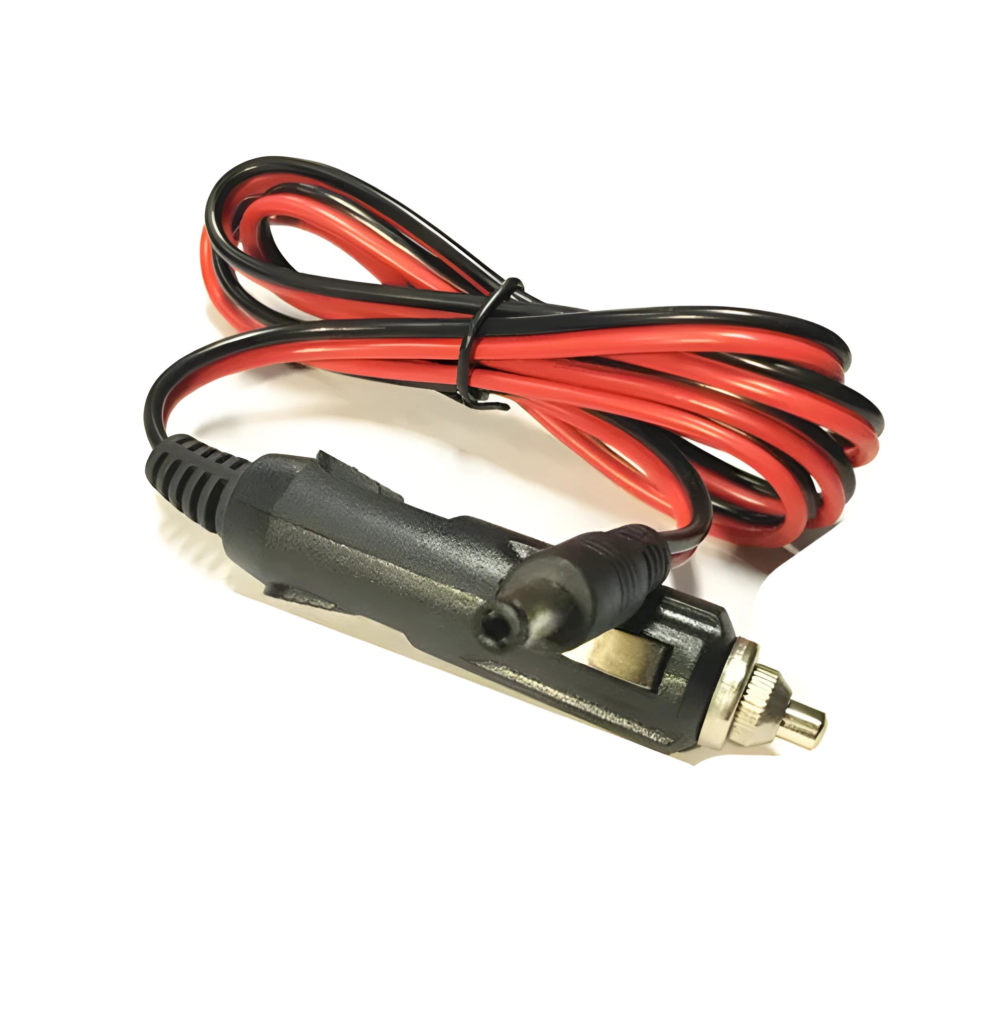 Black 12V car cigarette lighter charging cable with DC5.5mm plug showing 1.2 metre length and built-in indicator light