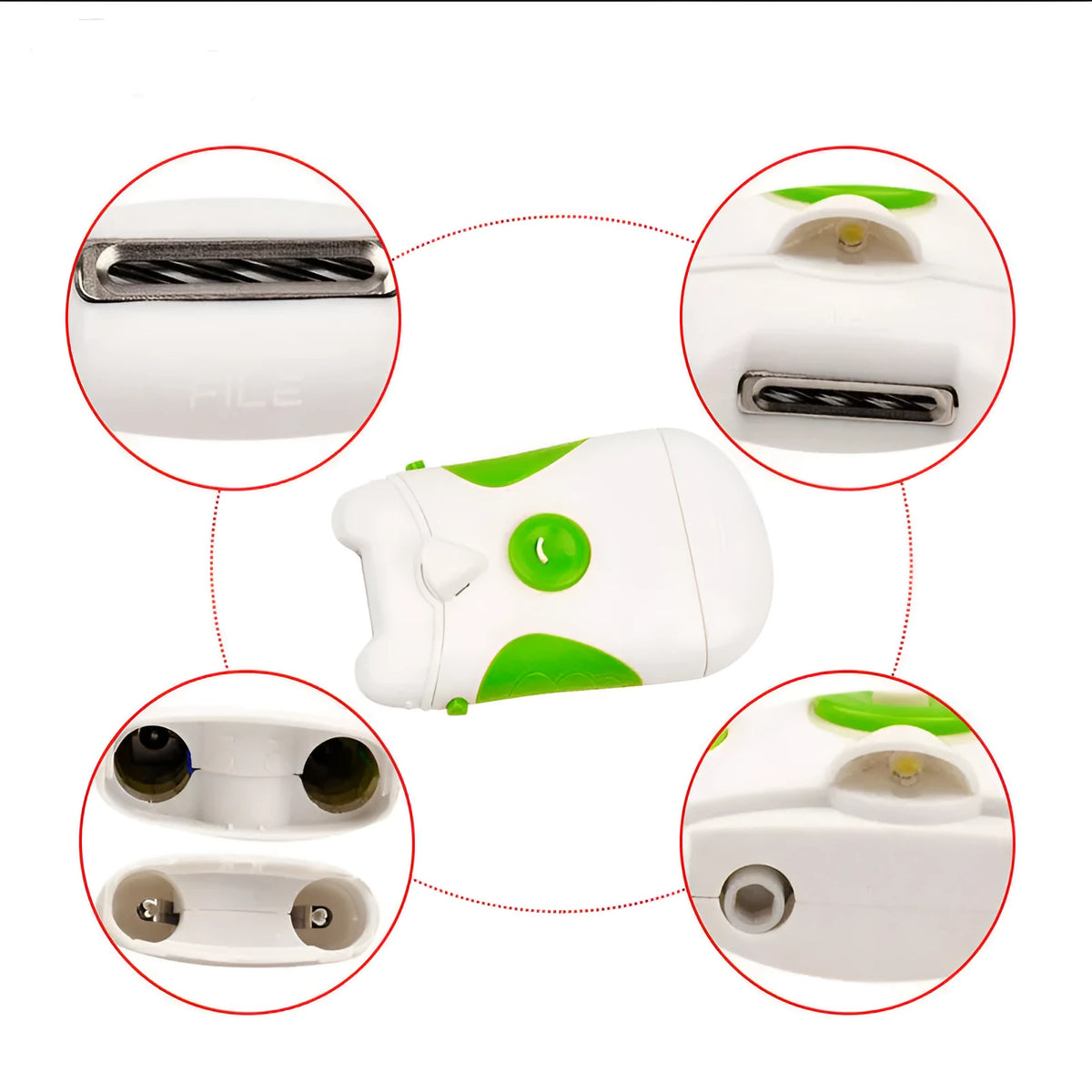 Green electric nail trimmer and file, ABS construction, compact size for home manicure pedicure