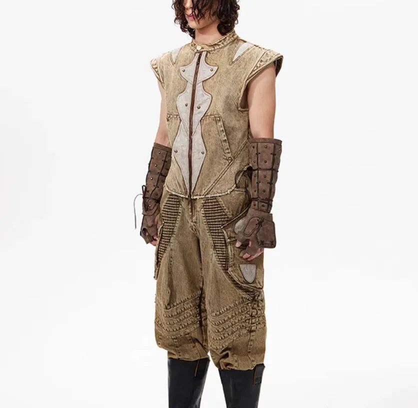 Men's pleated denim vest in cotton fabric, Korean style, shown in available colour.