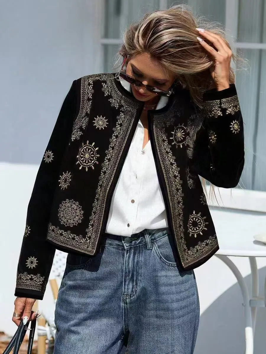 Women's casual printed hooded coat long sleeve round neck British style in milk silk polyester blend