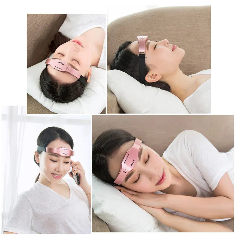 Wireless head massager in black with adjustable fasteners and electrode pads