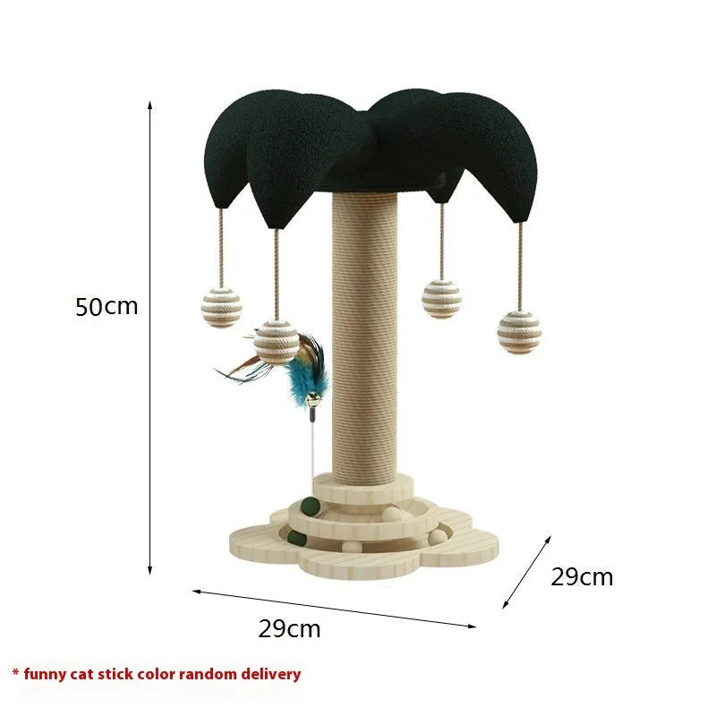 Solid wood cat scratching post with sisal rope and a rotating turntable in a panda design.