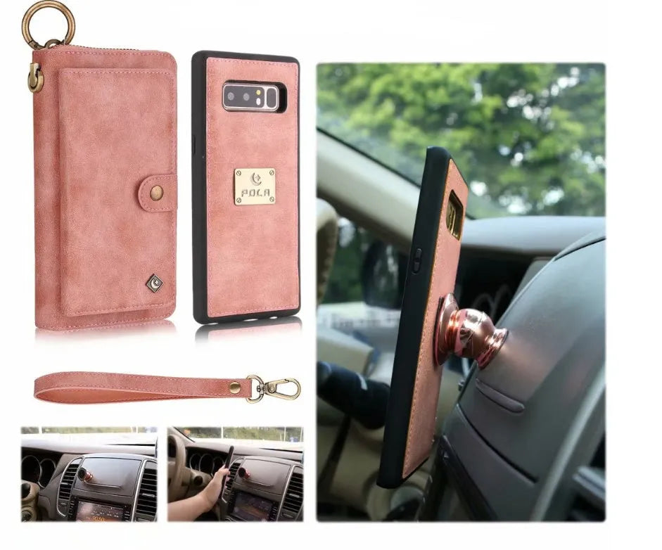 Imitation leather wallet phone case for Samsung Galaxy Note8 in black colour showing card slots and zipper