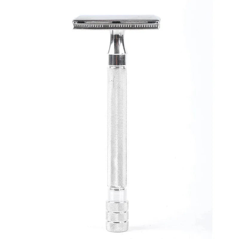 Traditional manual shaving razor with brush combination set in black or silver finish