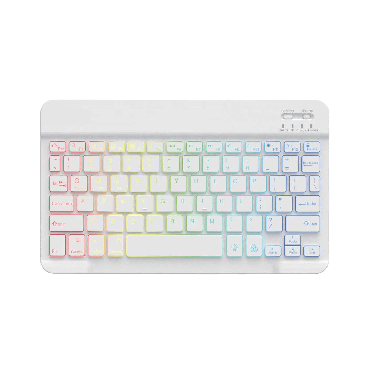 10-inch wireless Bluetooth keyboard with colourful backlit keys on a desk next to a tablet.