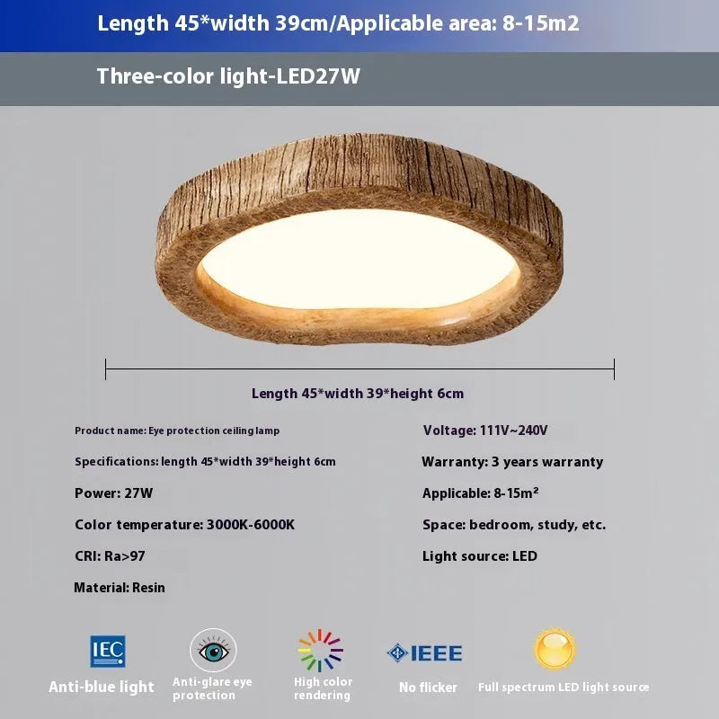 Round wood grain finish ceiling lamp in new Chinese style for bedroom lighting.
