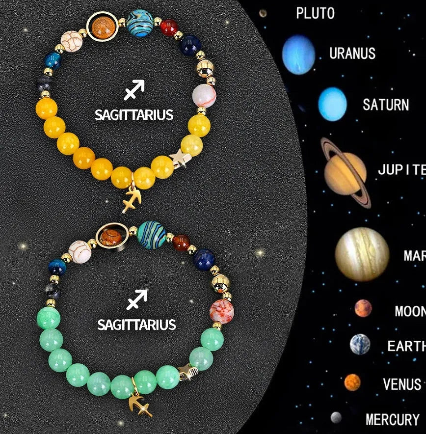 Set of two natural stone beaded bracelets with zodiac sign charms for astrology jewellery.