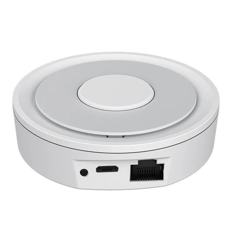White ZigBee smart home gateway measuring 78mm with USB connection for controlling multiple devices