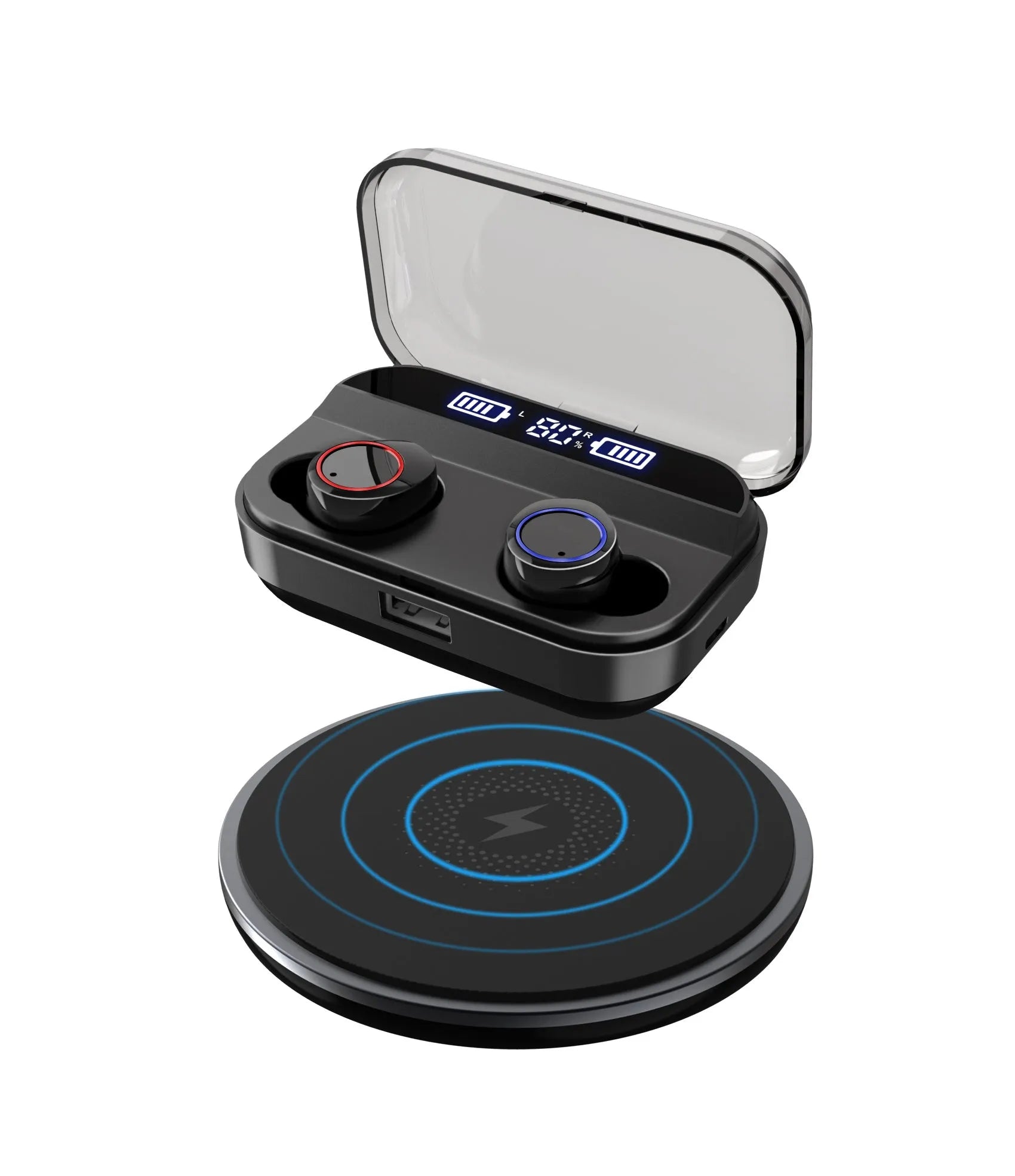 Black X11 wireless Bluetooth earbuds and their portable charging case on a white background.