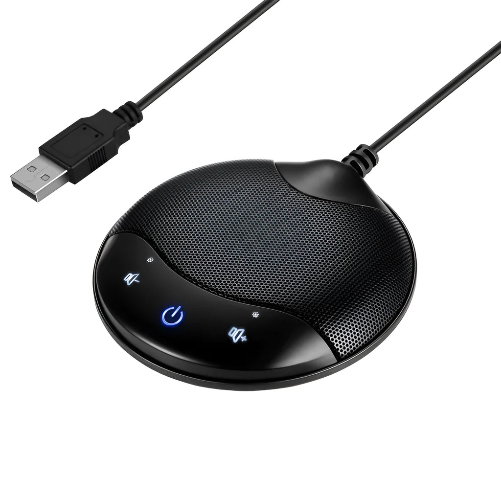 Black USB condenser microphone measuring 9x9x1.7cm with capacitive interface