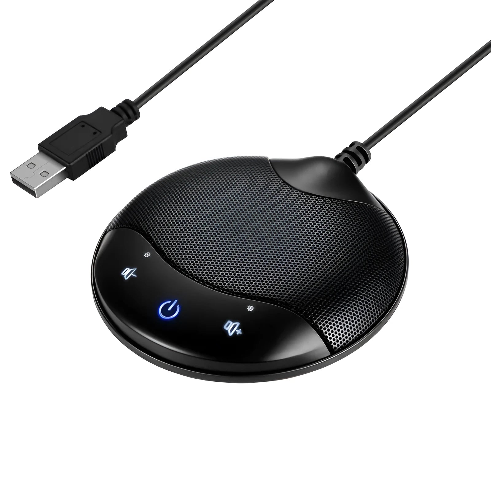 Black USB condenser microphone measuring 9x9x1.7cm with capacitive interface