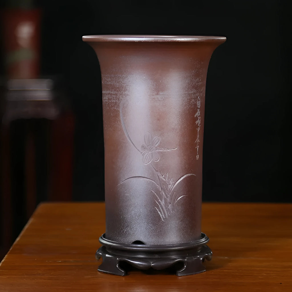 Classical Chinese style purple sand ceramic orchid pot round stick bottle shape s2160 firewood flat mouth finish