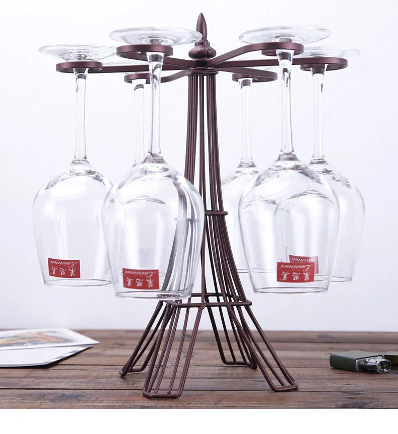 Bronze iron wine glass holder measuring 26x15x33cm on a bar countertop with two goblets hanging