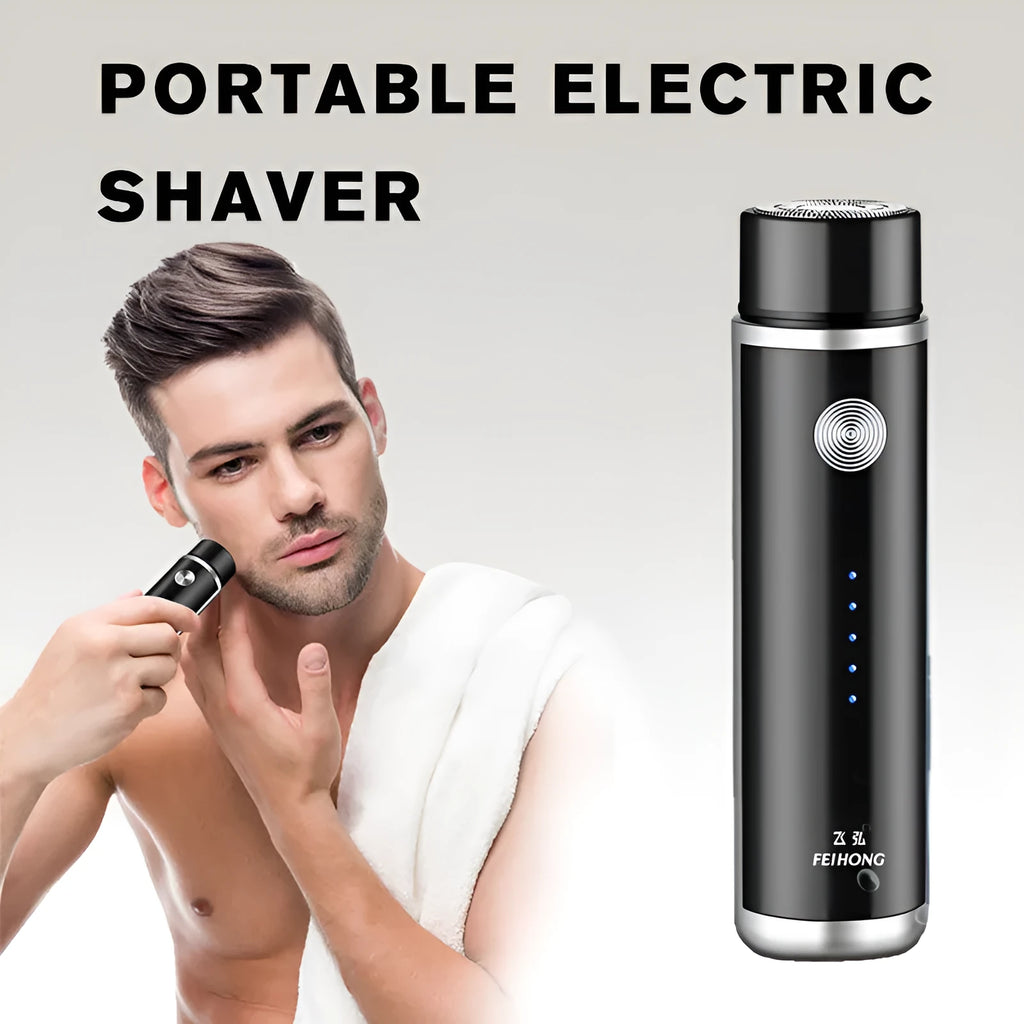 Black and blue portable electric shaver with USB cable and detachable washable head.