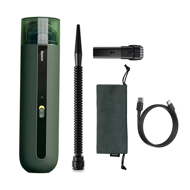 BASEUS wireless handheld car vacuum cleaner in black, white, or green with blowing hose.