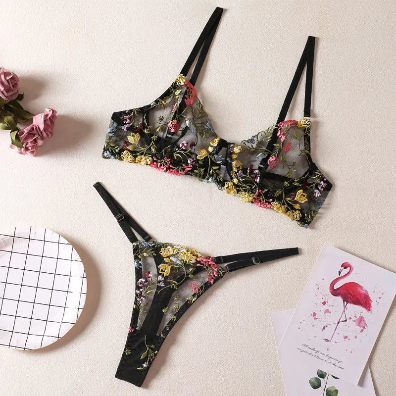 Floral patterned mesh bra with steel ring and matching T-back briefs in a choice of colours.